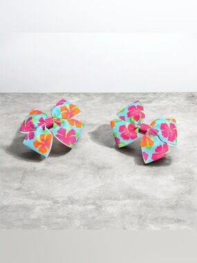 Tropical Floral Bow Hair Clips for Kids - Aqua with Pink & Orange Flowers